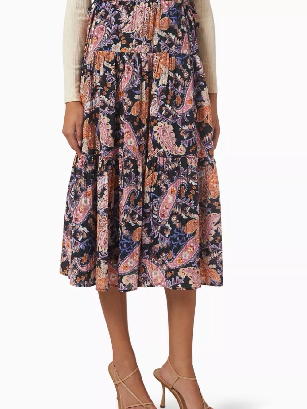 MINKPINK | Celestial Paisley Tiered Midi Skirt in Navy and Pink | Size Large NWT - Picture 4 of 11